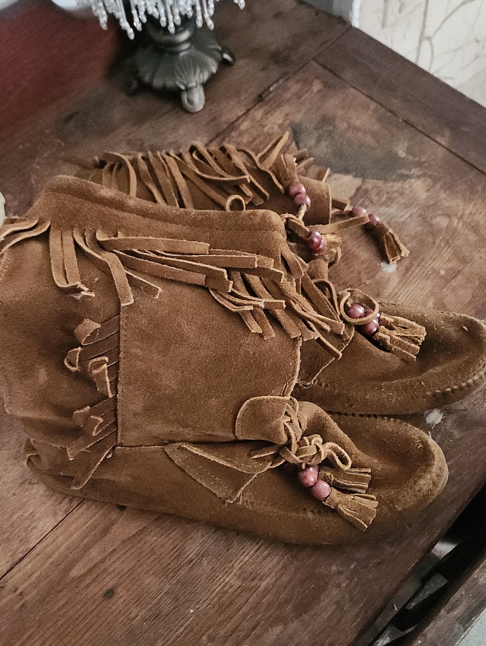 Minnetonka Brown Suede Fringe Moccasins with Bead Tassels